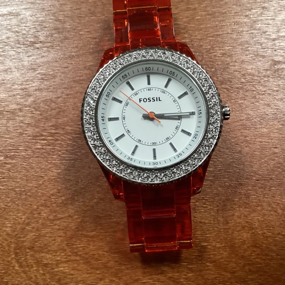 Fossil Stella Orange Acrylic Women’s Watch With Crystal Accented Bezel ES 2453